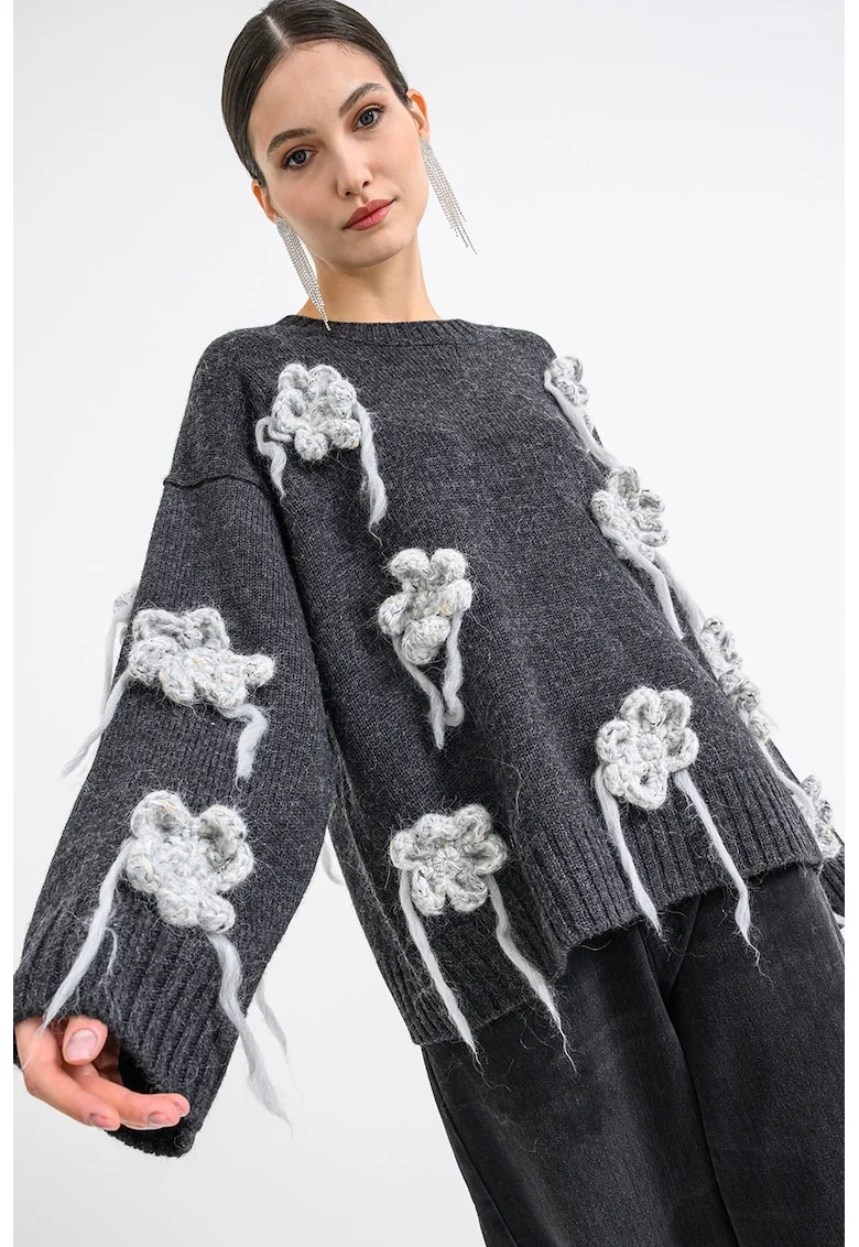 Pulover din amestec de lana cu detalii florale, Gri deschis melange/Gri antracit