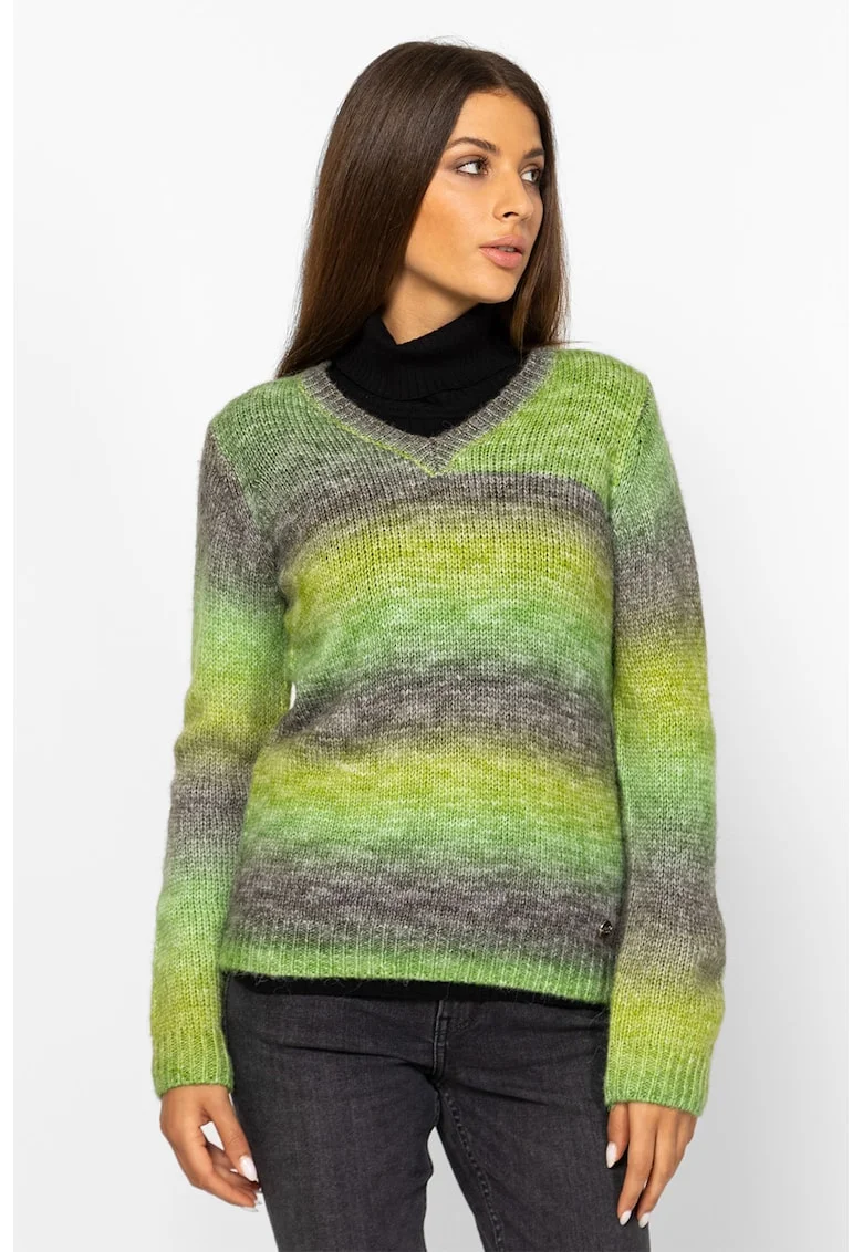 Pulover tricotat cu model si decolteu in V, Verde/Gri inchis