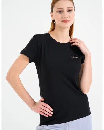 Tricou de bumbac cu decolteu la baza gatului Esogo, Negru