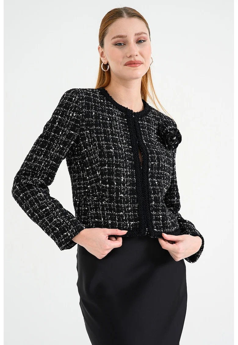 Sacou crop din amestec de lana in carouri Ablumi, Alb/Negru