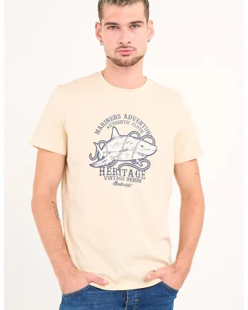 Tricou din bumbac cu design grafic si decolteu la baza gatului, Negru stins/Bej deschis