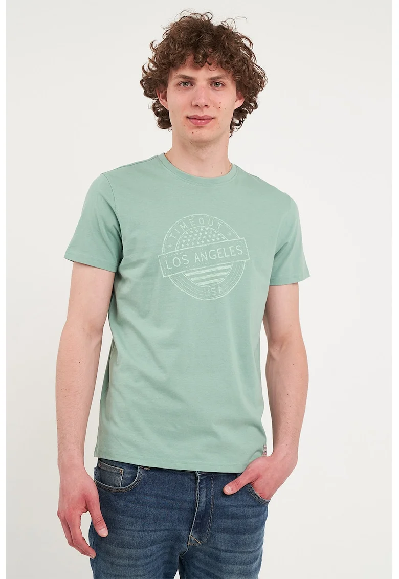 Tricou cu design grafic si decolteu la baza gatului, Verde pal