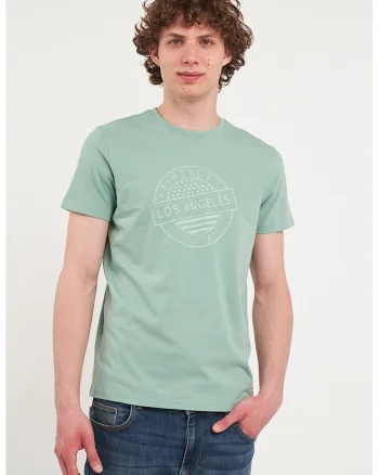 Tricou cu design grafic si decolteu la baza gatului, Verde pal