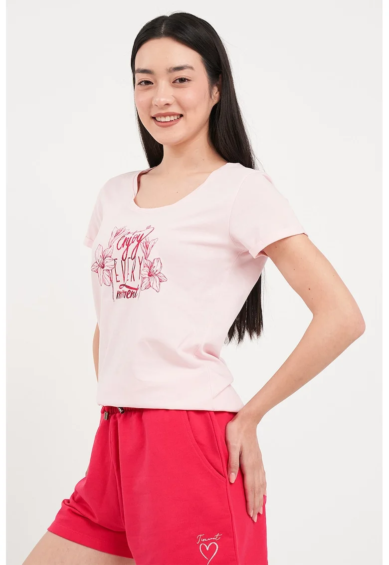 Tricou din bumbac cu decolteu rotund, Rosu/Roz pastel