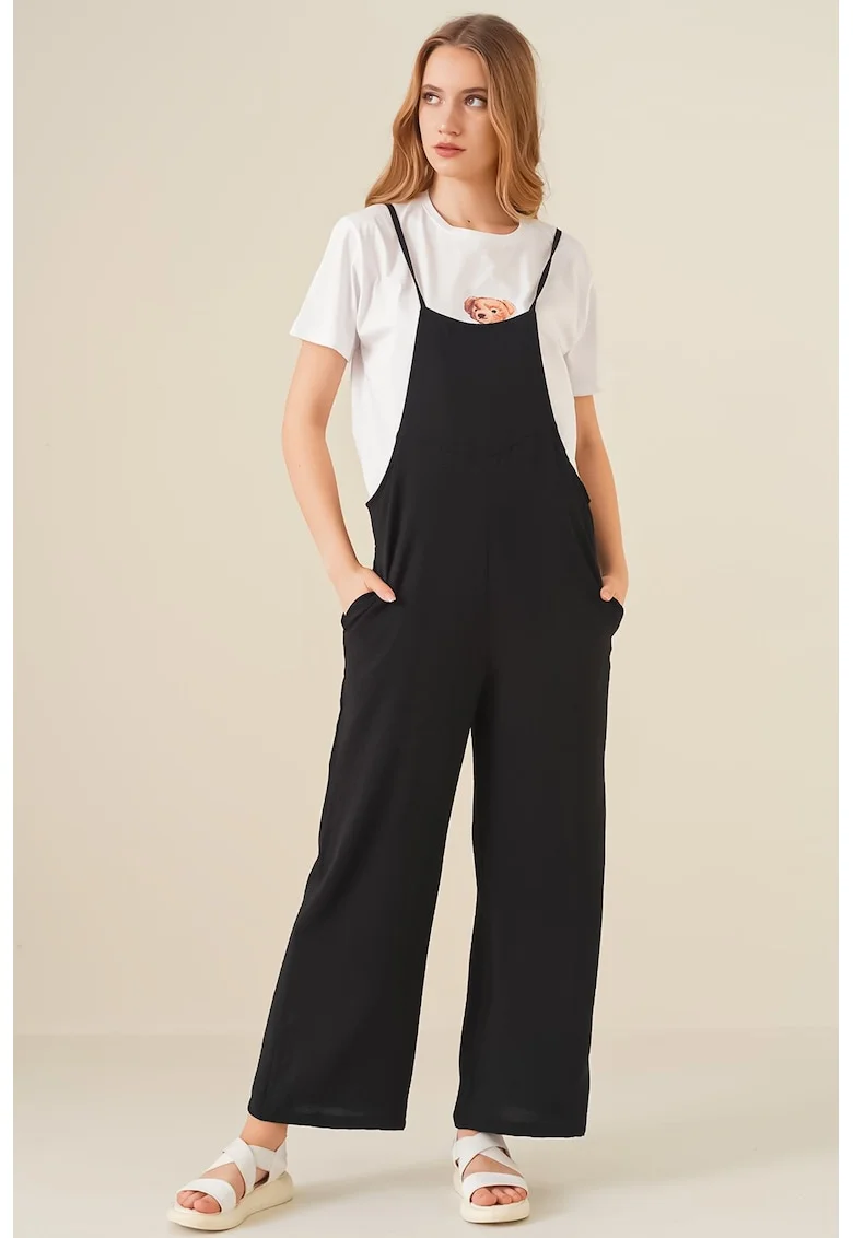 Salopete dama,  Relaxed Fit Wide Leg, negru, textil