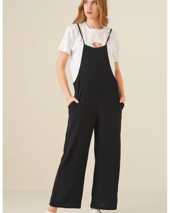 Salopete dama,  Relaxed Fit Wide Leg, negru, textil