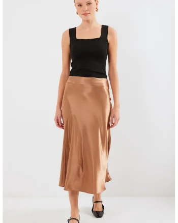 Fusta Midi Elastica A-Forma HiCCUP, Maro, Satin