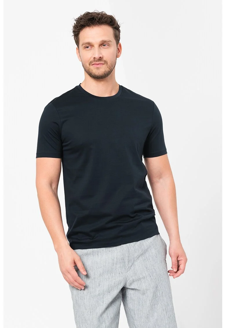 Tricou de bumbac cu decolteu la baza gatului Tessler, Bleumarin