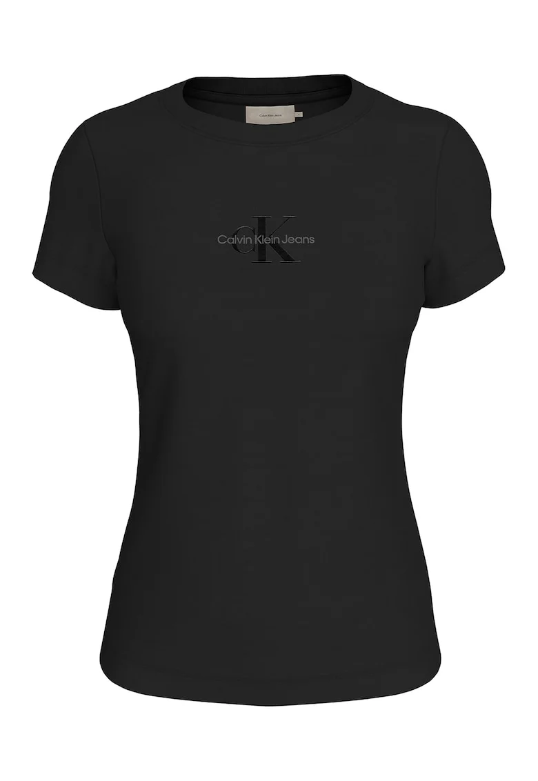 Tricou de bumbac cu decolteu la baza gatului, Negru