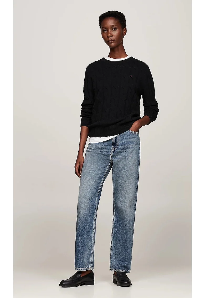 Pulover dama,  negru, lana pura, tricot cu cablu, guler inalt