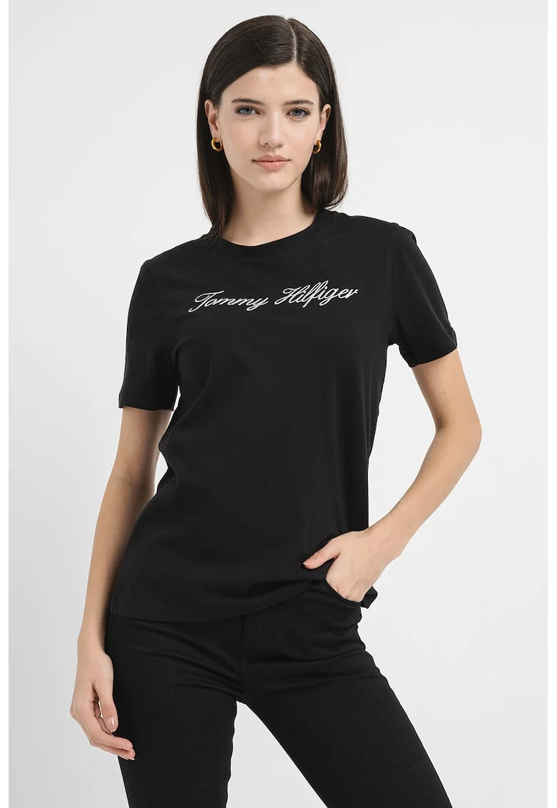 Tricou de bumbac organic cu broderie logo, Alb/Negru