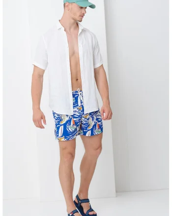 Pantaloni scurti de baie cu model si buzunare laterale, Albastru royal/Alb murdar