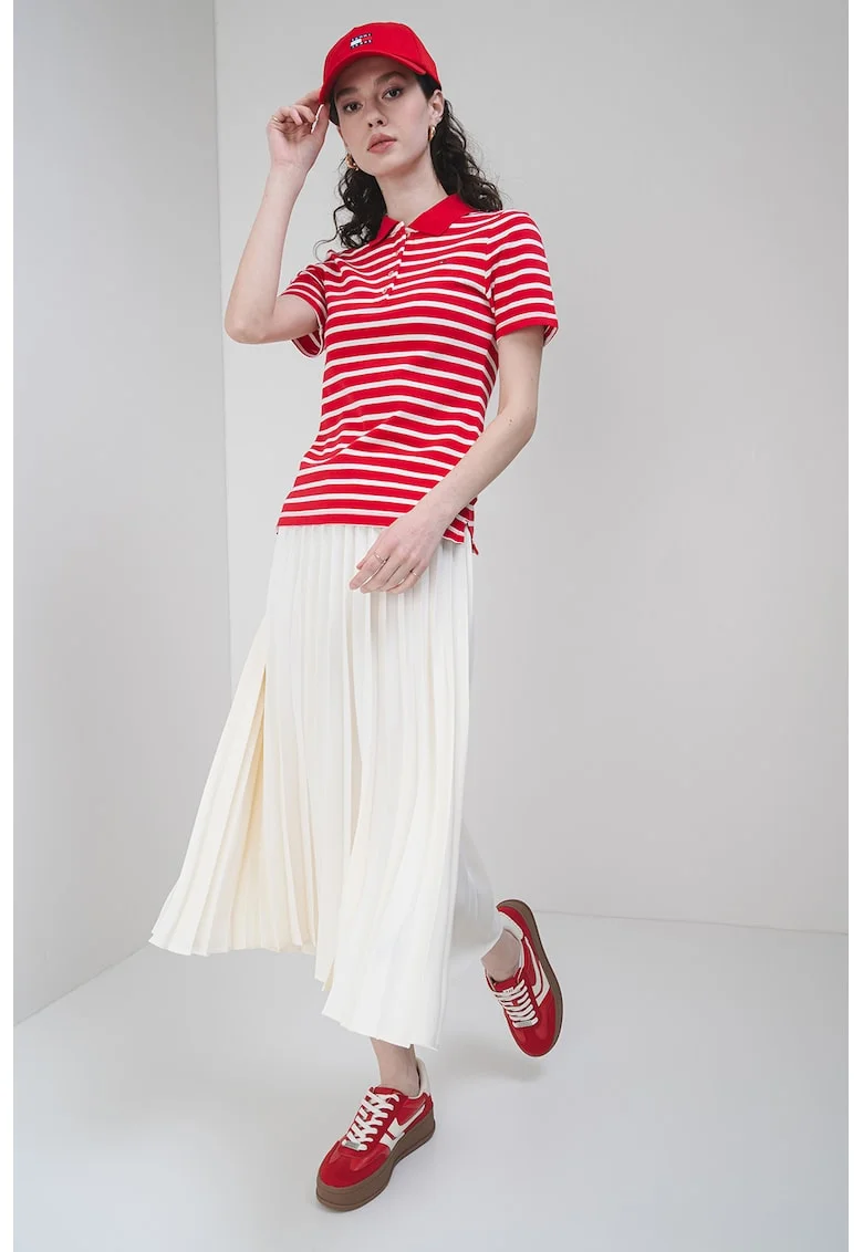 Tricou polo cu croiala slim-fit si logo, Rosu/Alb