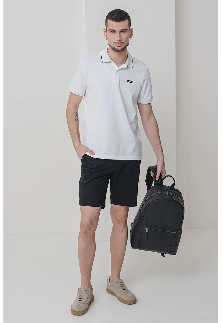 Tricou polo din amestec de bumbac organic cu logo discret, Negru/Alb optic