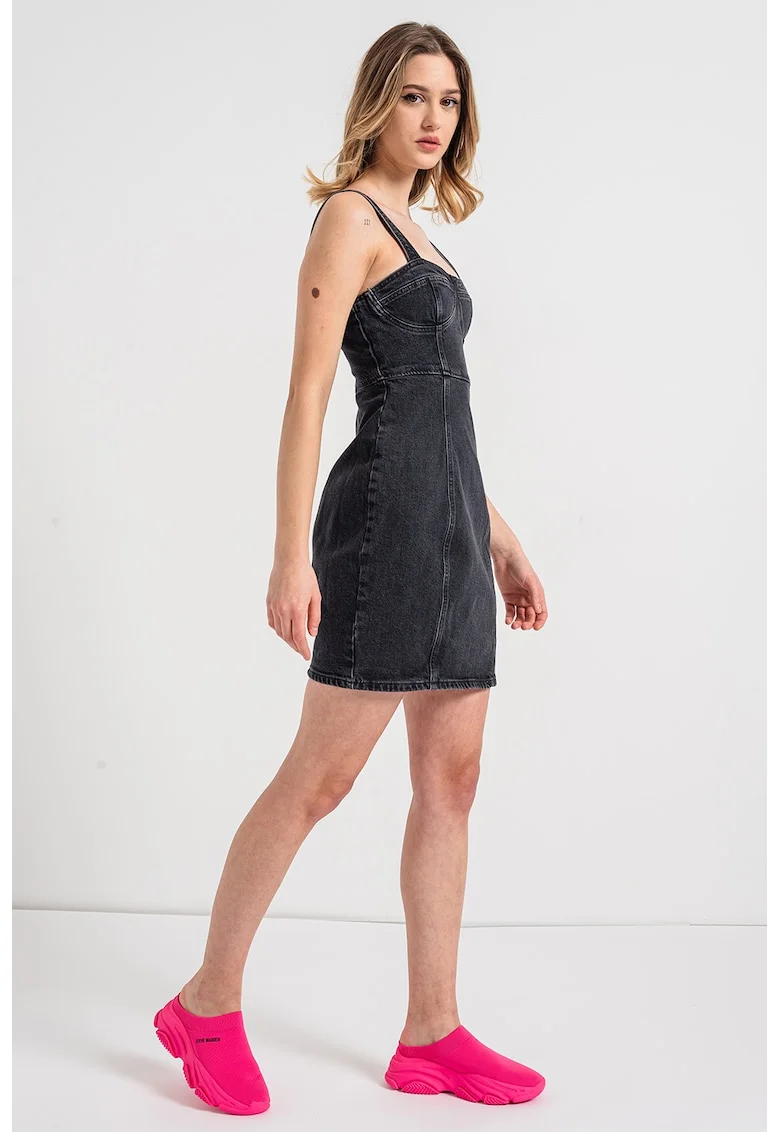 Rochie scurta din denim cu bretele, Gri antracit