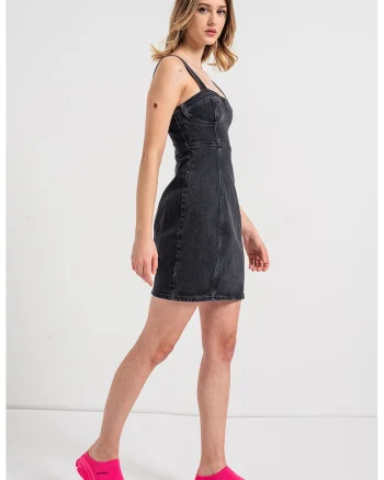 Rochie scurta din denim cu bretele, Gri antracit