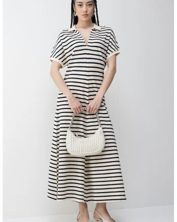 Rochie midi din amestec de lyocell cu dungi, Alb fildes/Albastru ultramarin