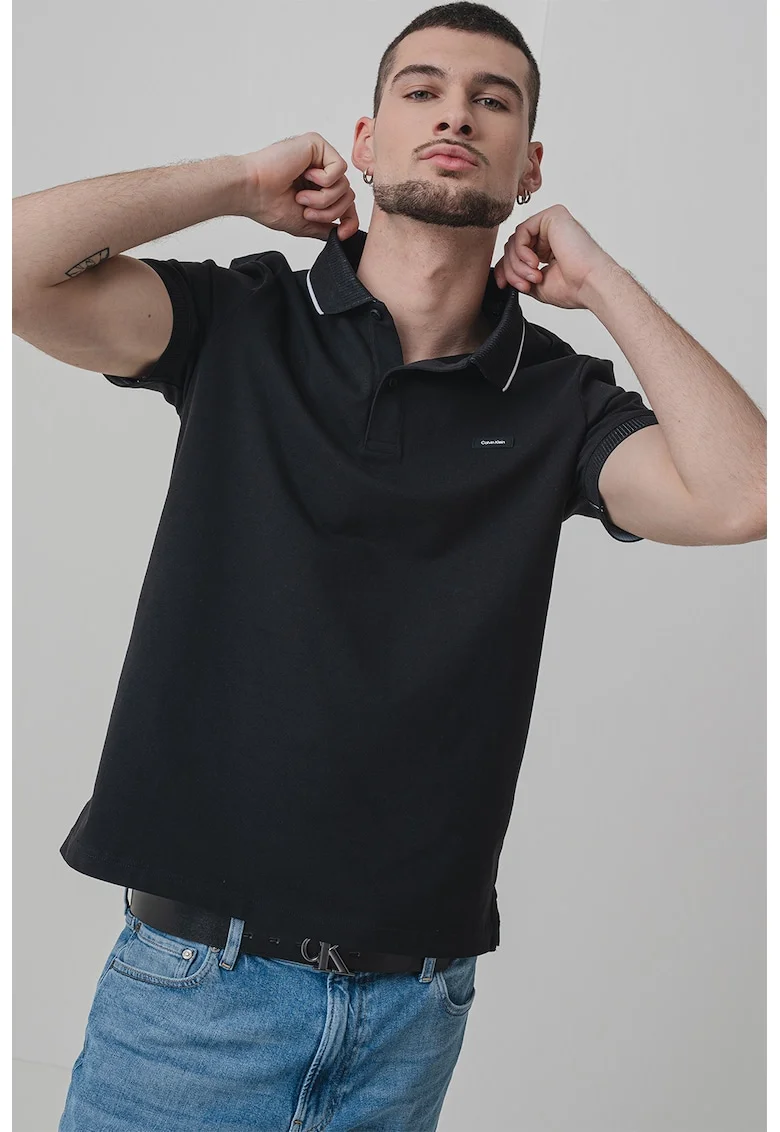 Tricou polo din amestec de bumbac organic cu logo discret, Alb/Negru