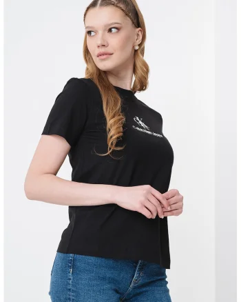 Tricou cu decolteu la baza gatului si imprimeu logo, Negru
