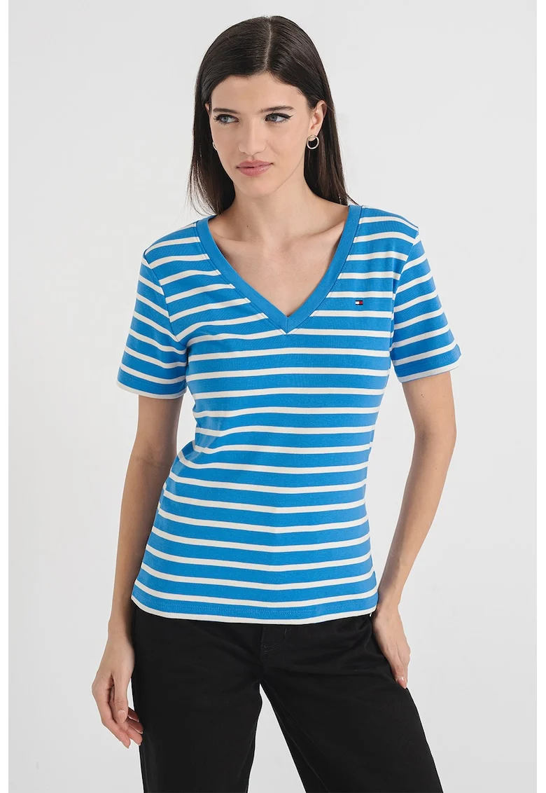 Tricou slim fit cu decolteu in V Cody, Alb/Albastru deschis