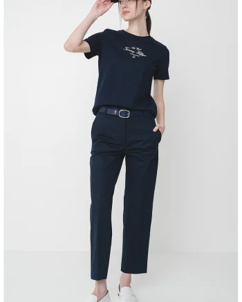 Tricou de bumbac cu decolteu la baza gatului si logo, Bleumarin