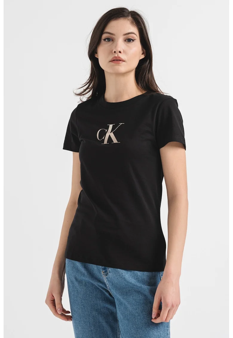 Tricou cu decolteu la baza gatului si imprimeu cu monograma, Negru