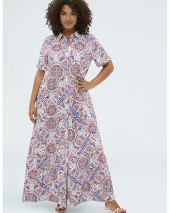 Rochie-camasa cu model etnic, Rosu/Alb/Albastru royal