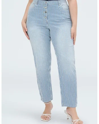 Pantaloni cu talie inalta si dungi, Alb/Albastru stins