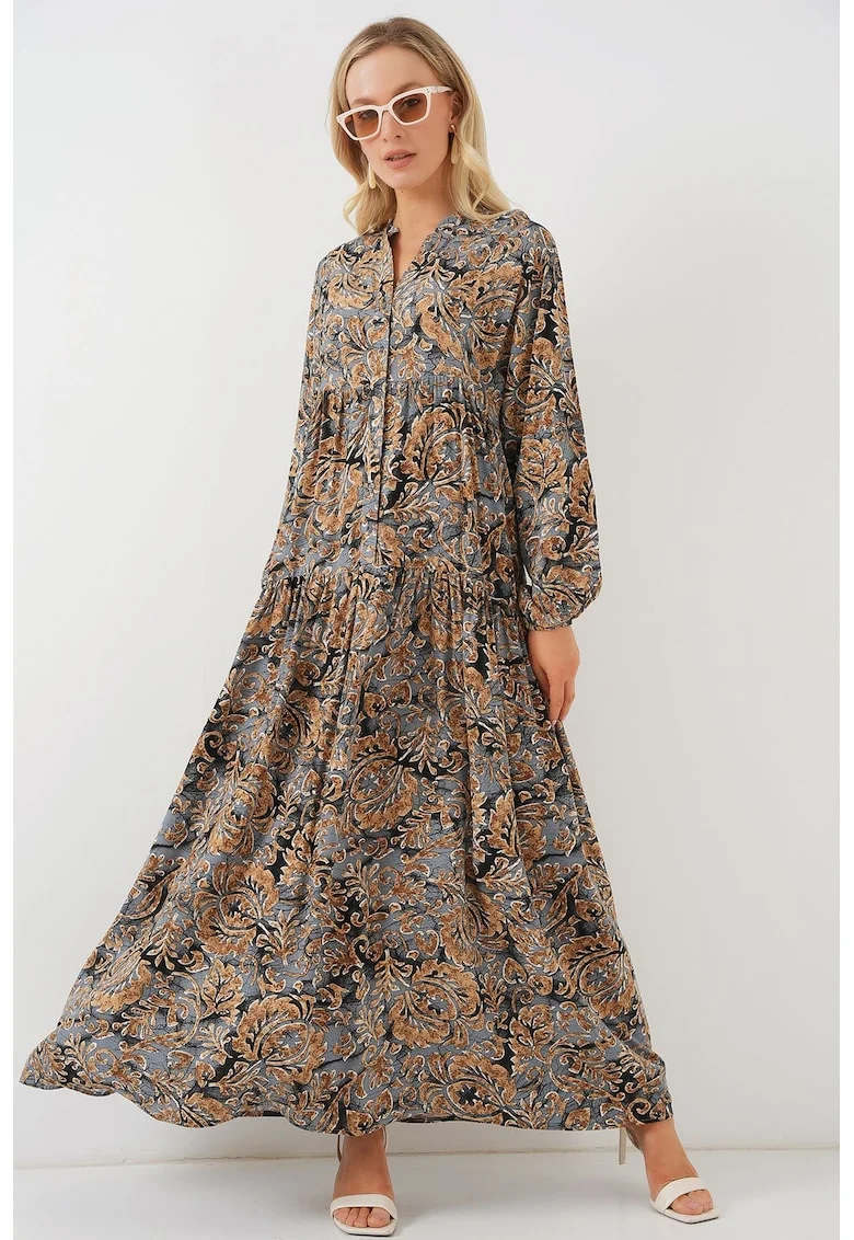 Rochie Maxi HiCCUP, Imprimata, Decolteu in V, Gri deschis, Textil