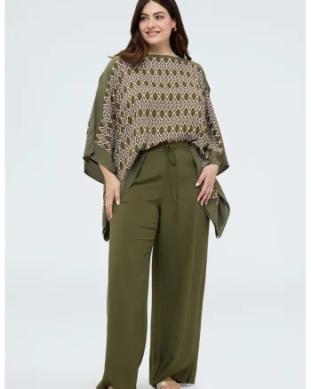 Pantaloni palazzo cu talie ajustabila, Verde masliniu
