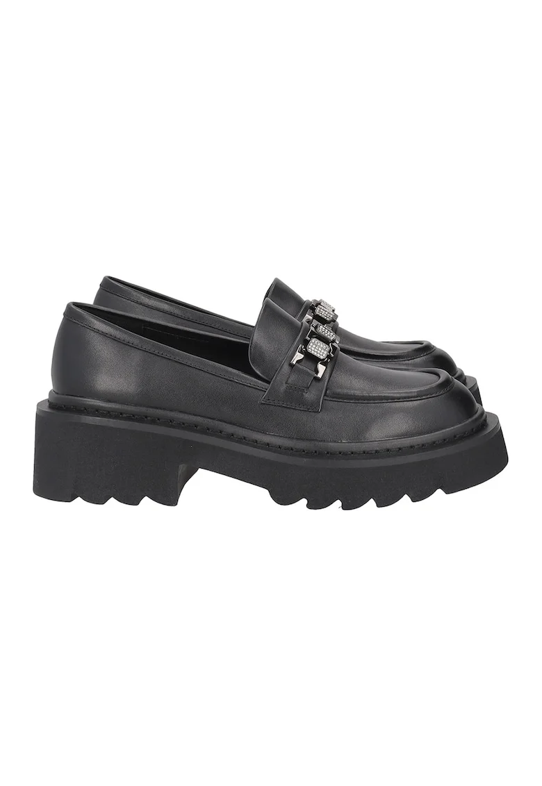 Pantofi loafer de piele cu detaliu metalic, Negru