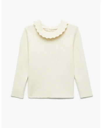 Pulover striat cu guler cu volane, Crem