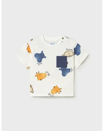 Tricou cu imprimeu si buzunar pe piept, Alb/Portocaliu/Bleumarin