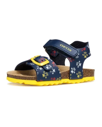 Sandale de piele ecologica cu velcro si model, Alb/Galben/Bleumarin