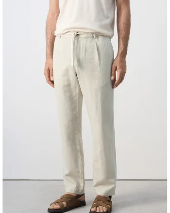 Pantaloni uni de bumbac si in, Bej