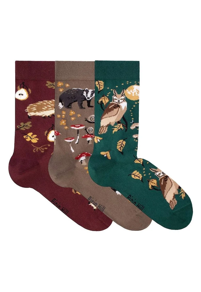 Cutie cu 3 perechi sosete din bumbac Povesti de Toamna – Bursuc, Arici, Bufnita, 35-38 EU, Multicolor