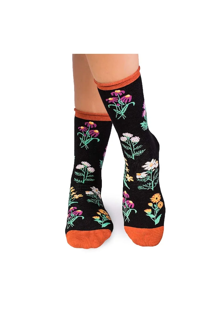 Sosete Fine din Bumbac organic cu model floral Negru