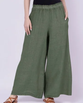 Pantaloni de vara din in largi, kaki