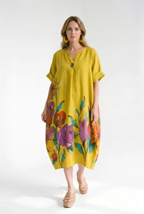 Rochie midi din in cu imprimeu floral colorat si croi balon, galbena