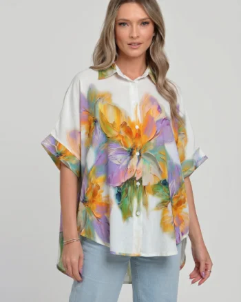 Camasa oversize cu maneca scurta din in si vascoza, imprimeu artistic pastel