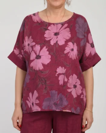 Bluza din in cu imprimeu floral pastelat si croi relaxat, bordo