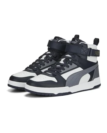 Pantofi sport high-top unisex cu insertii din piele RBD Game, Alb murdar/Bleumarin