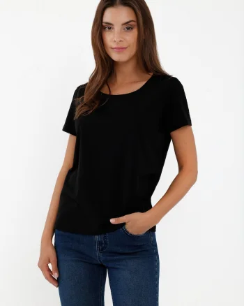 Tricou de bumbac cu decolteu la baza gatului, T‑DIANA,  Czarny, Negru
