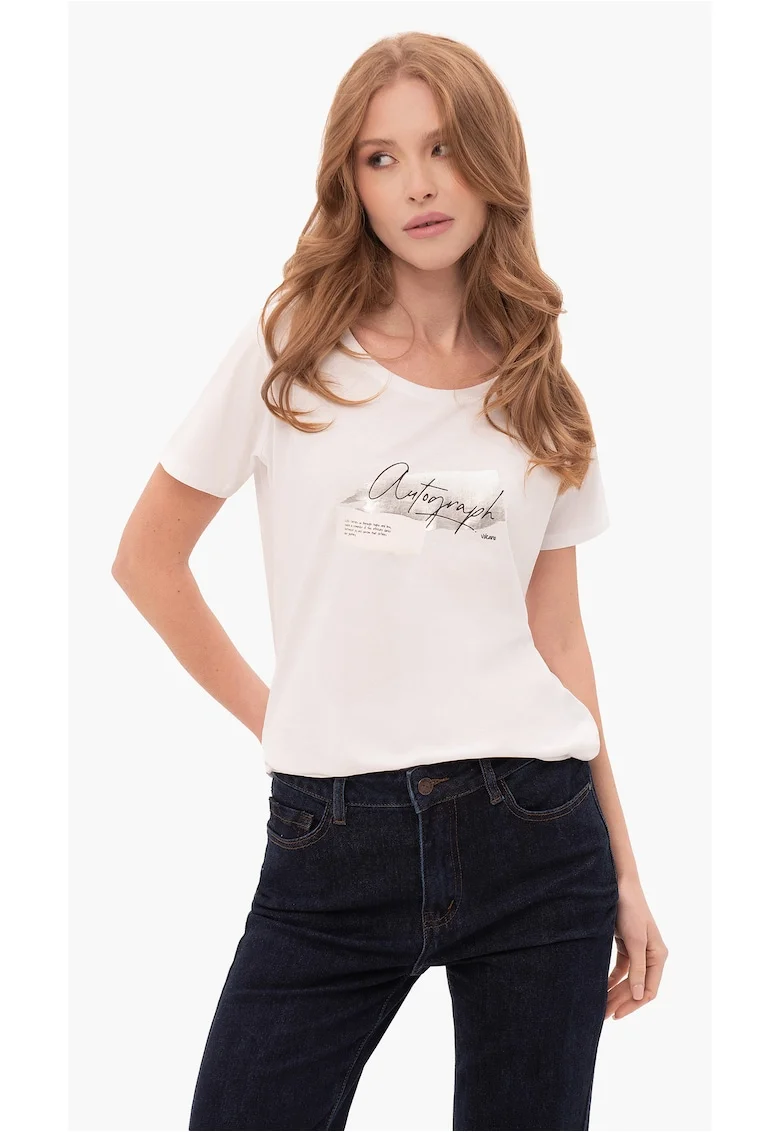 Tricou  T-Note pentru femei din bumbac, alb cu imprimeu