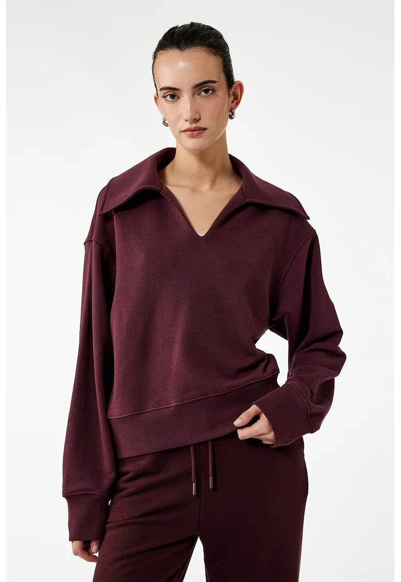 Bluza de trening din amestec de bumbac cu decolteu in V, Visiniu