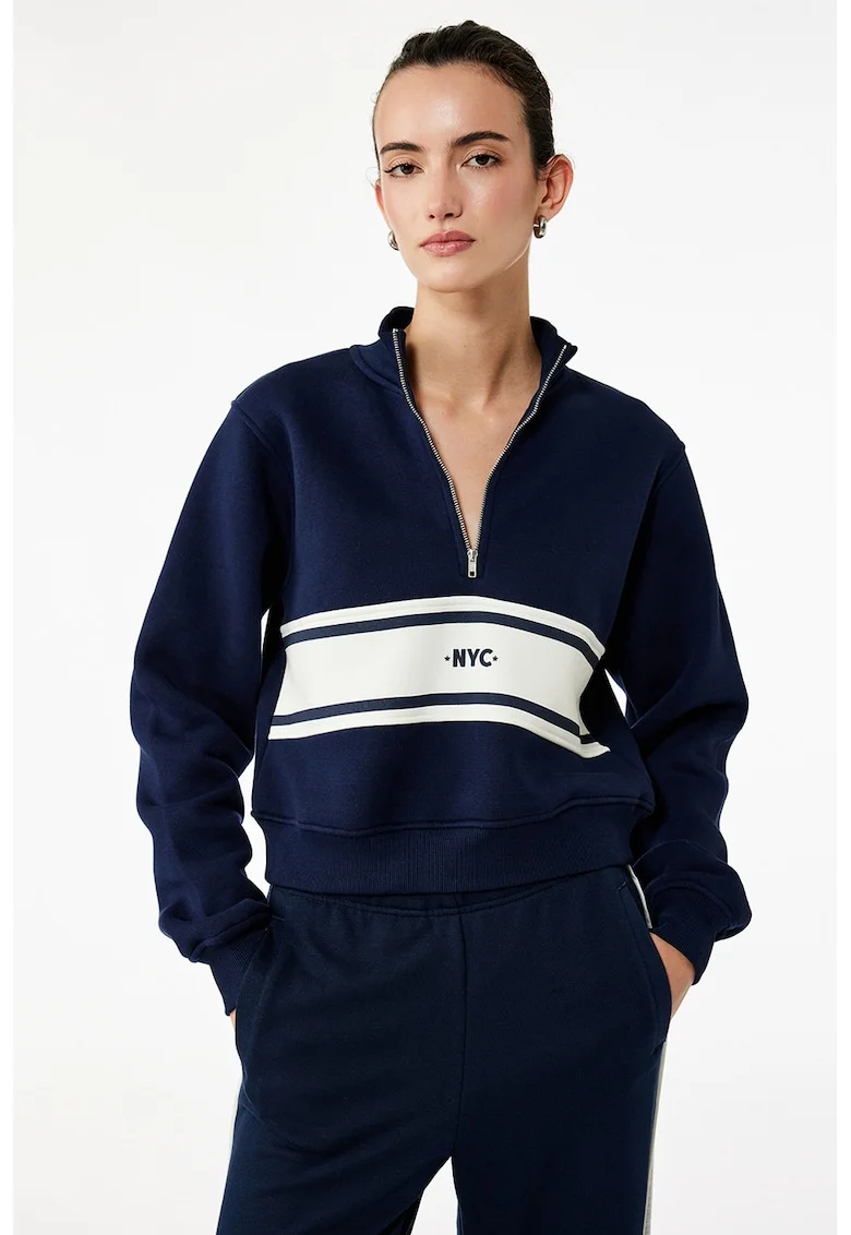 Bluza de trening cu fenta cu fermoar, Albastru inchis/Alb murdar