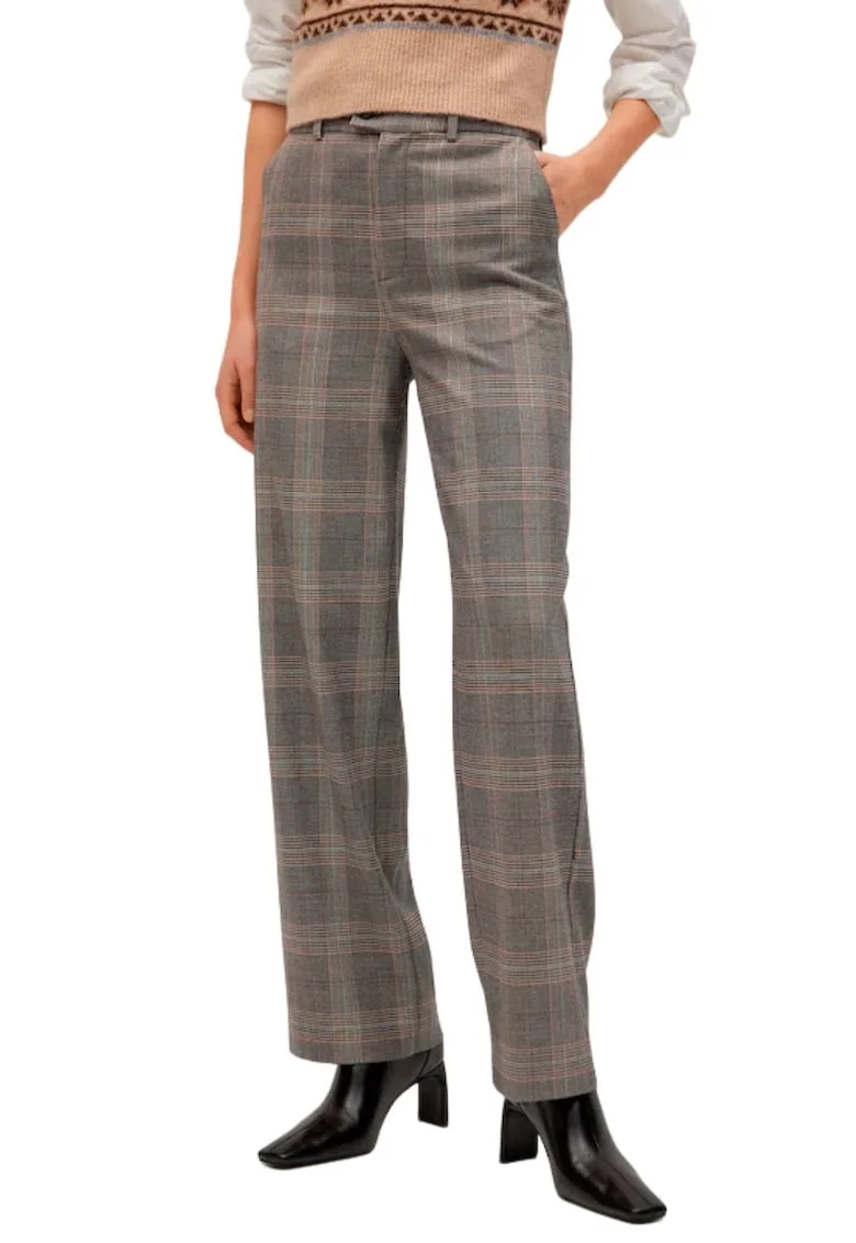 Pantaloni dama  talie inalta, model in carouri, maro, poliester-viscoza-elastan,