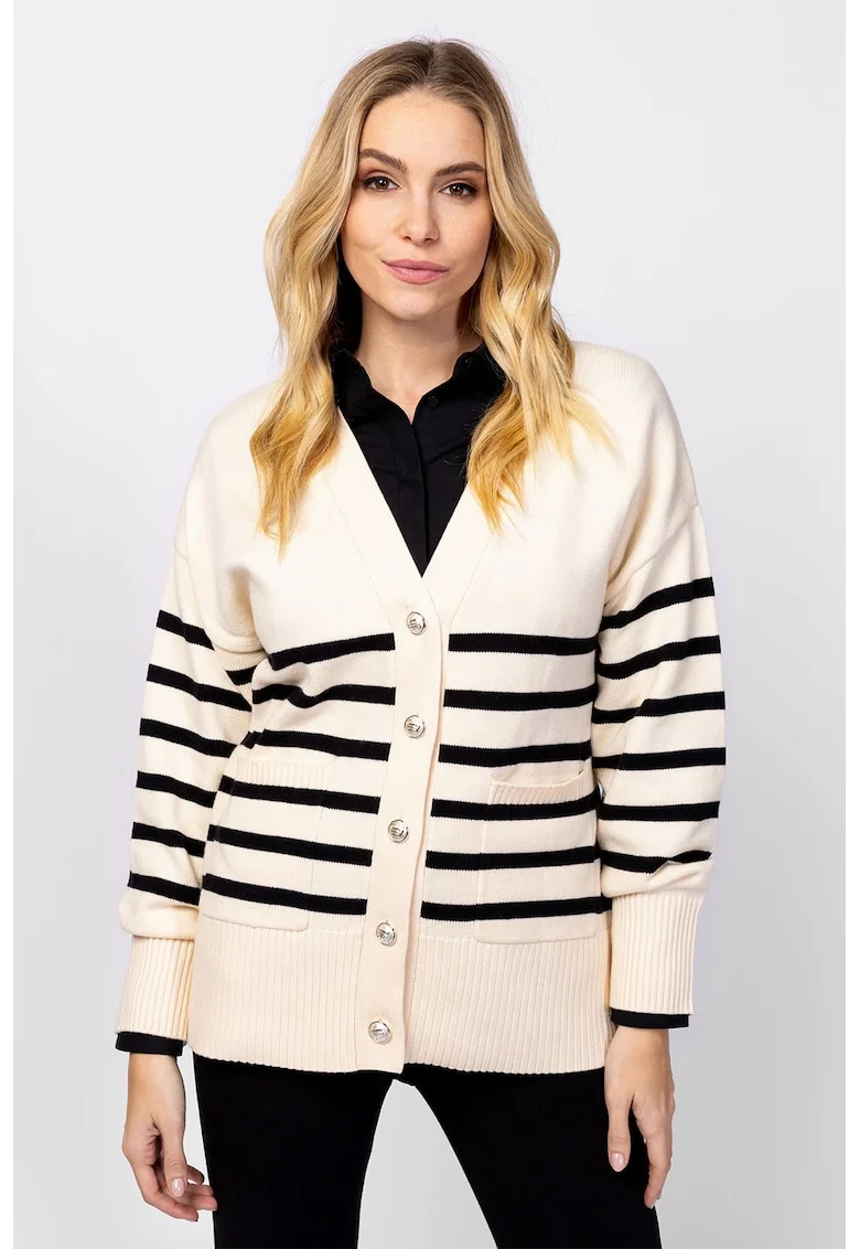 Cardigan lejer cu model in dungi si maneci cazute, Alb fildes
