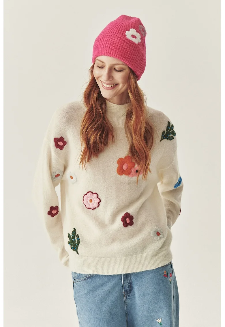 Pulover din amestec de lana cu broderii flroale TATUUM x Adeline Wang, Verde/Visiniu/Alb fildes