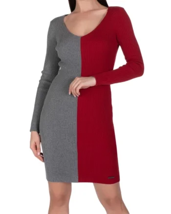Rochie de dama  bicolor, maneca lunga, gri rosu, bumbac,